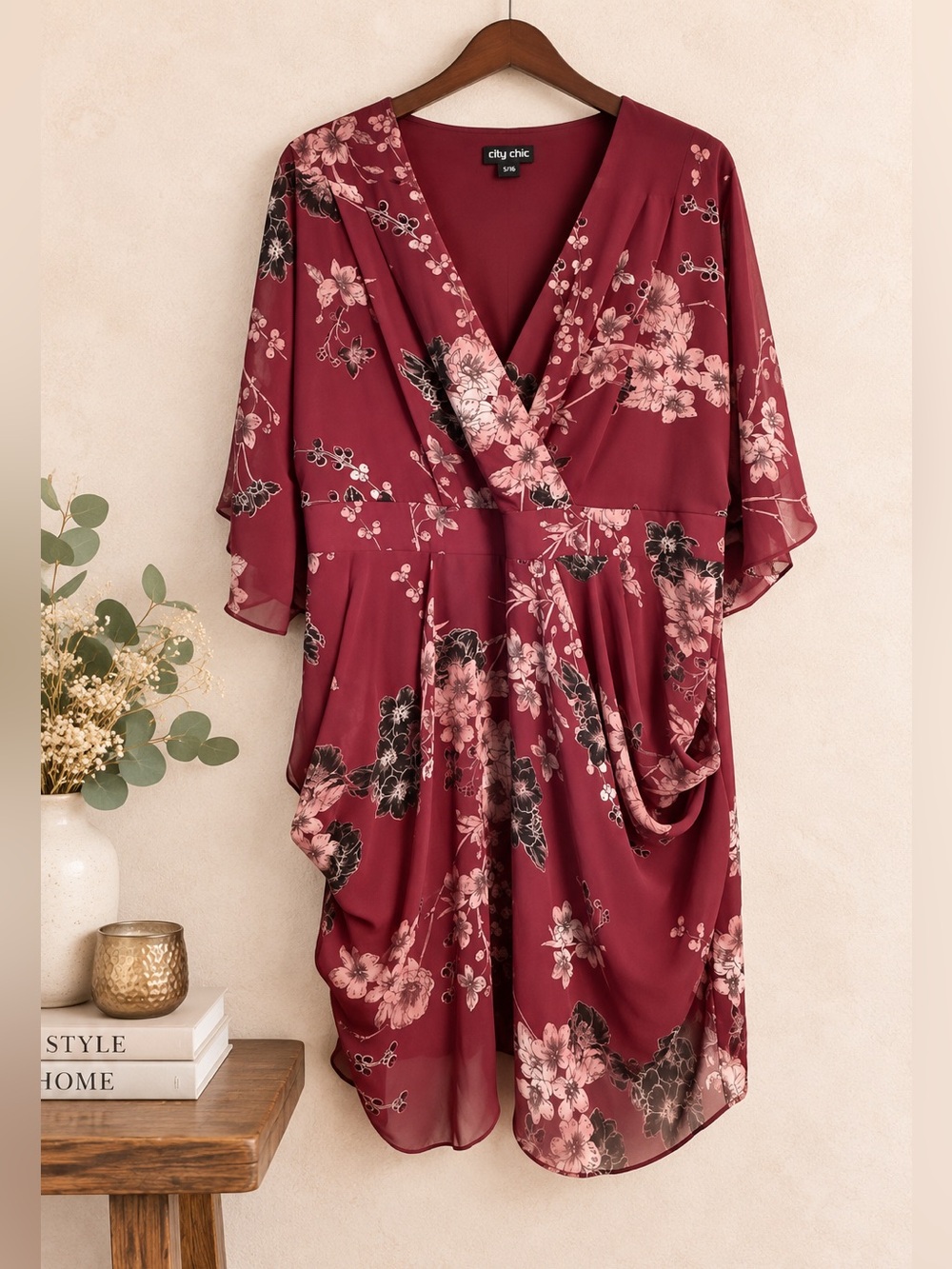 City Chic Lila Oxblood Floral Chiffon Draped Mini Dress 16